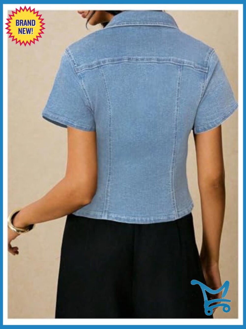 Short Sleeve Button Down Denim Jacket Y2K Fitted Jean Shirt Top - Picture 3 of 6